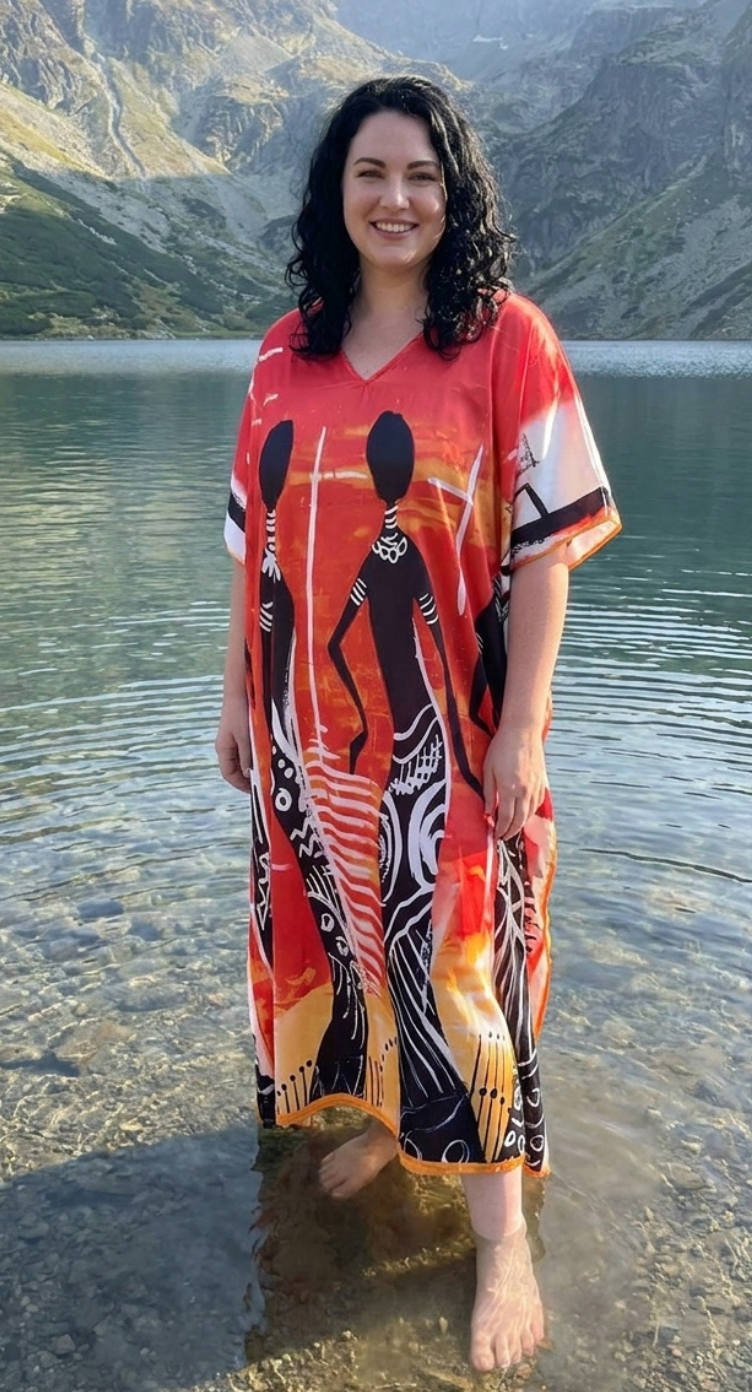 Red Tribal Print Satin Women Plus Size Kaftan Evening Dress 1X-3X