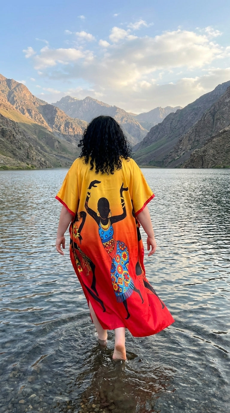 Yellow Tribal Print Satin Women Plus Size Kaftan Poolside Dress 1X-3X