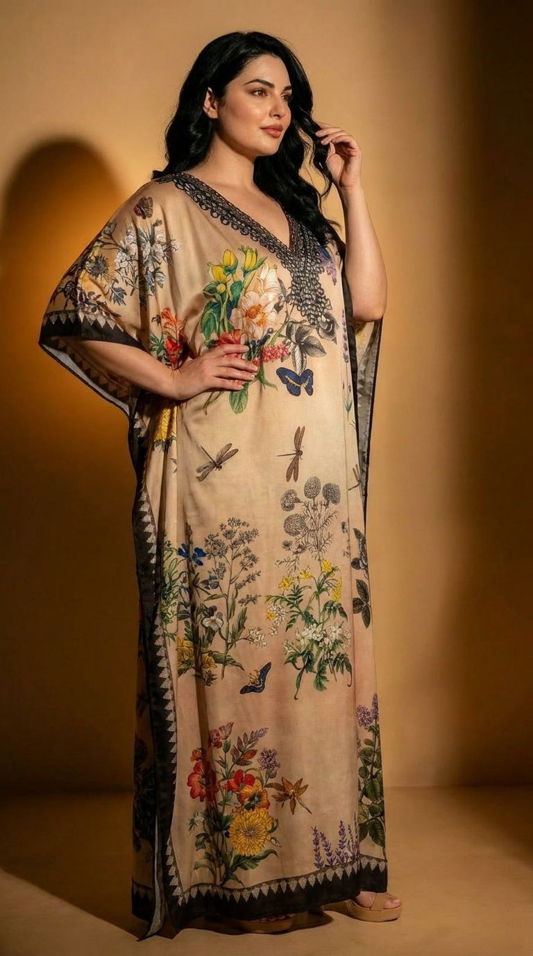 Beige Floral Print Satin Women Plus Size Kaftan Garden Party Dress 1X-3X