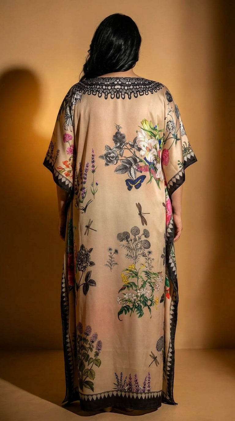 Beige Floral Print Satin Women Plus Size Kaftan Garden Party Dress 1X-3X