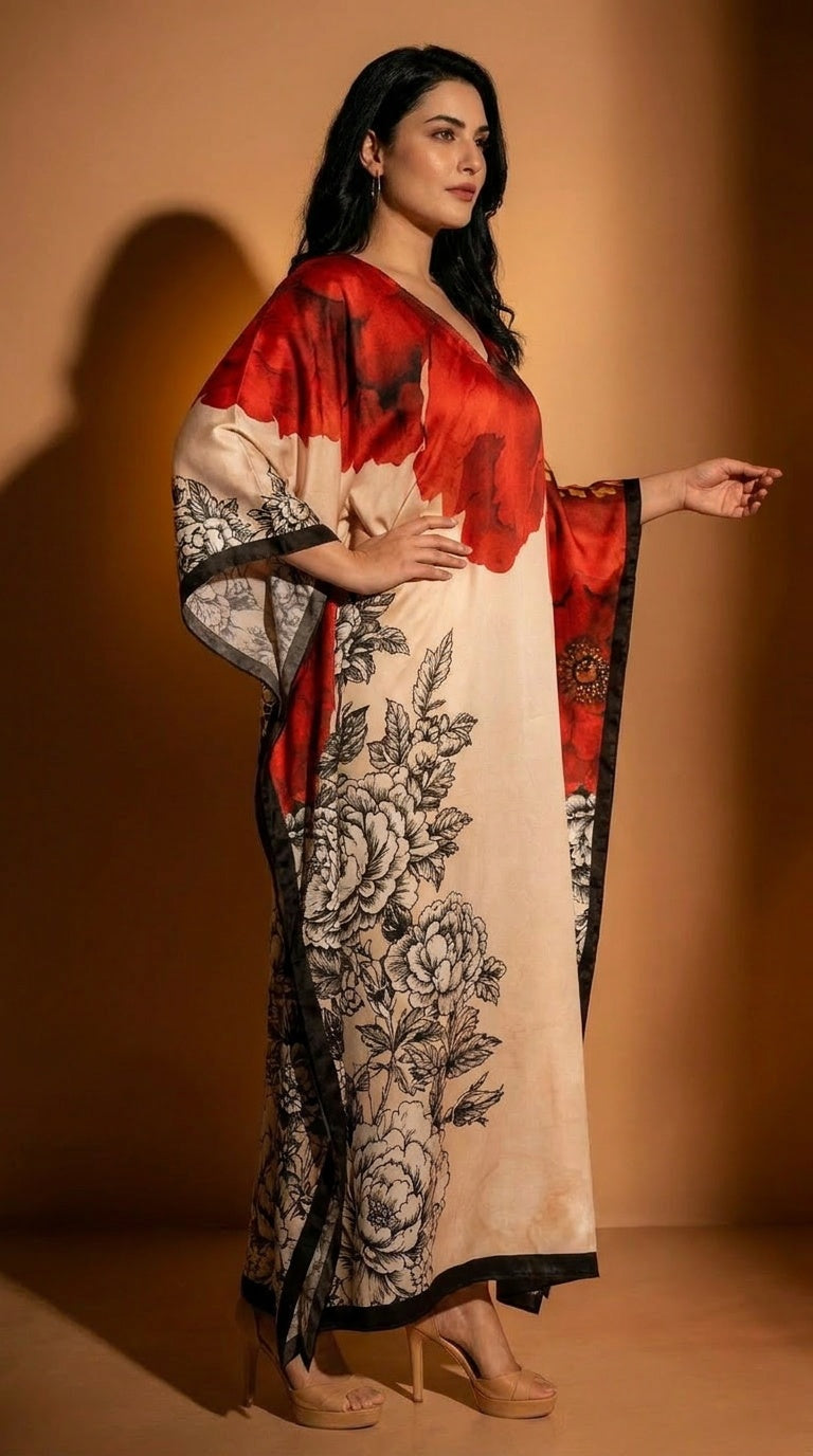 Cream Floral Print Satin Women Plus Size Kaftan Resort Wear 1X-3X