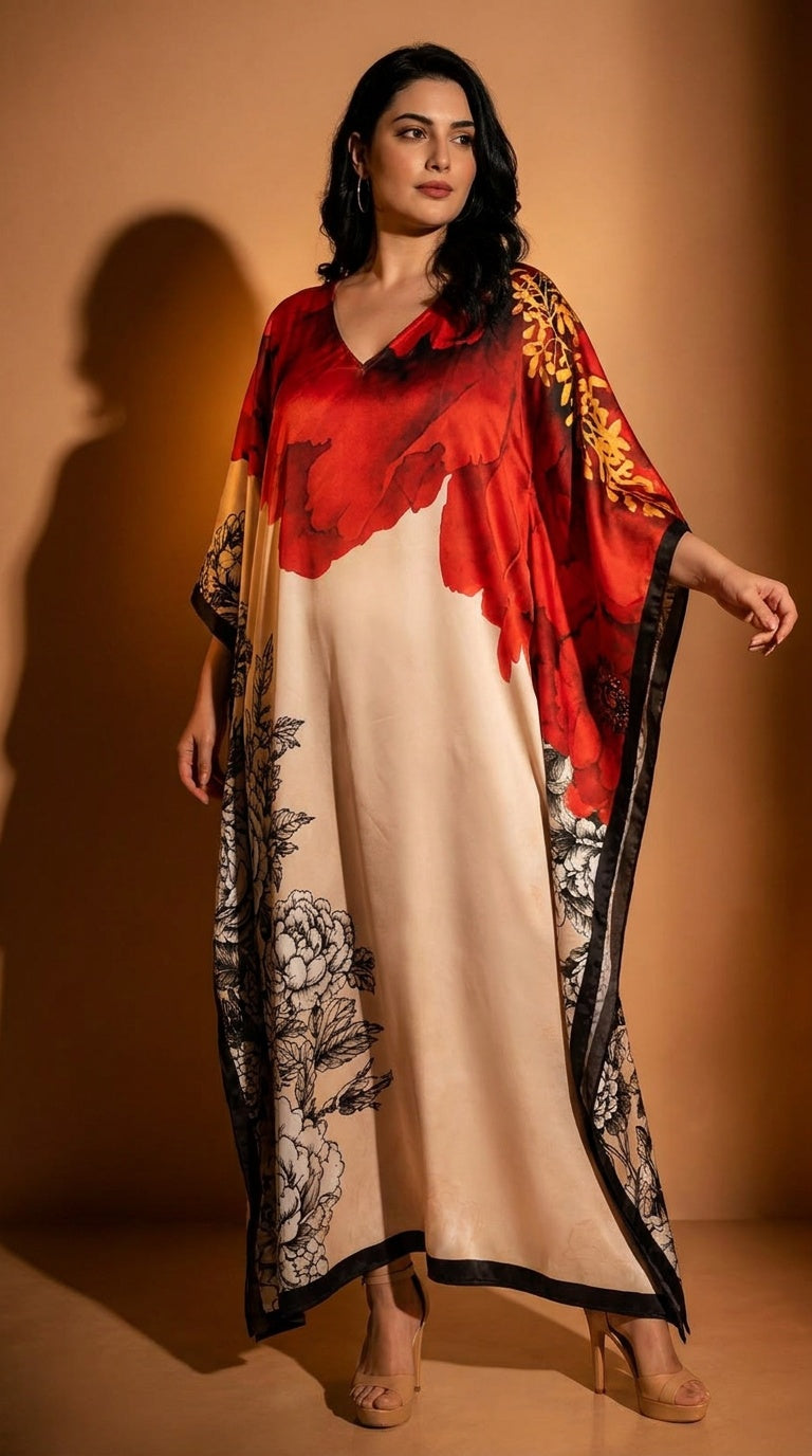 Cream Floral Print Satin Women Plus Size Kaftan Resort Wear 1X-3X