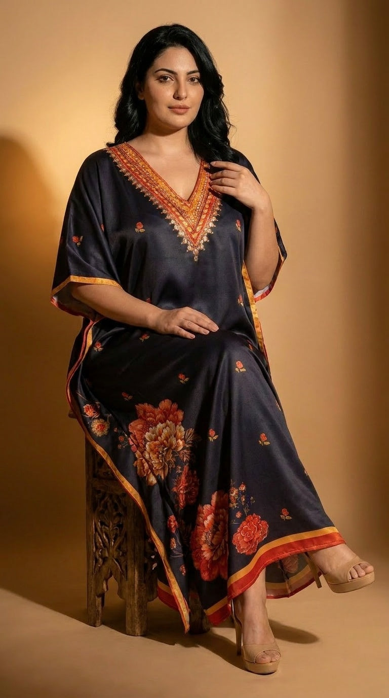 Black Floral Print Satin Women Plus Size Kaftan Evening Wear 1X-3X