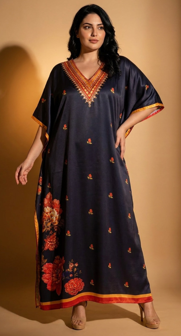 Black Floral Print Satin Women Plus Size Kaftan Evening Wear 1X-3X