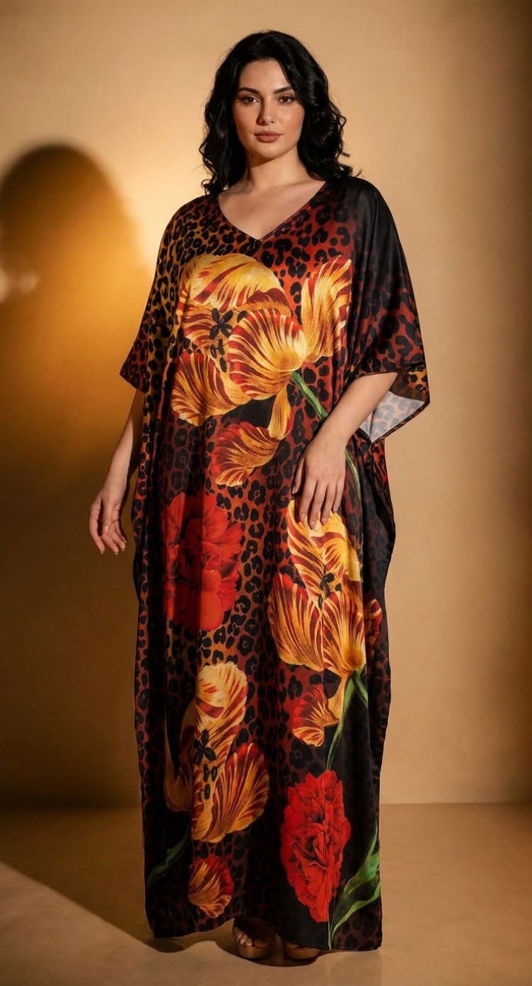 Dark Brown Tropical Print Satin Women Plus Size Kaftan Vacation Dress 1X-3X