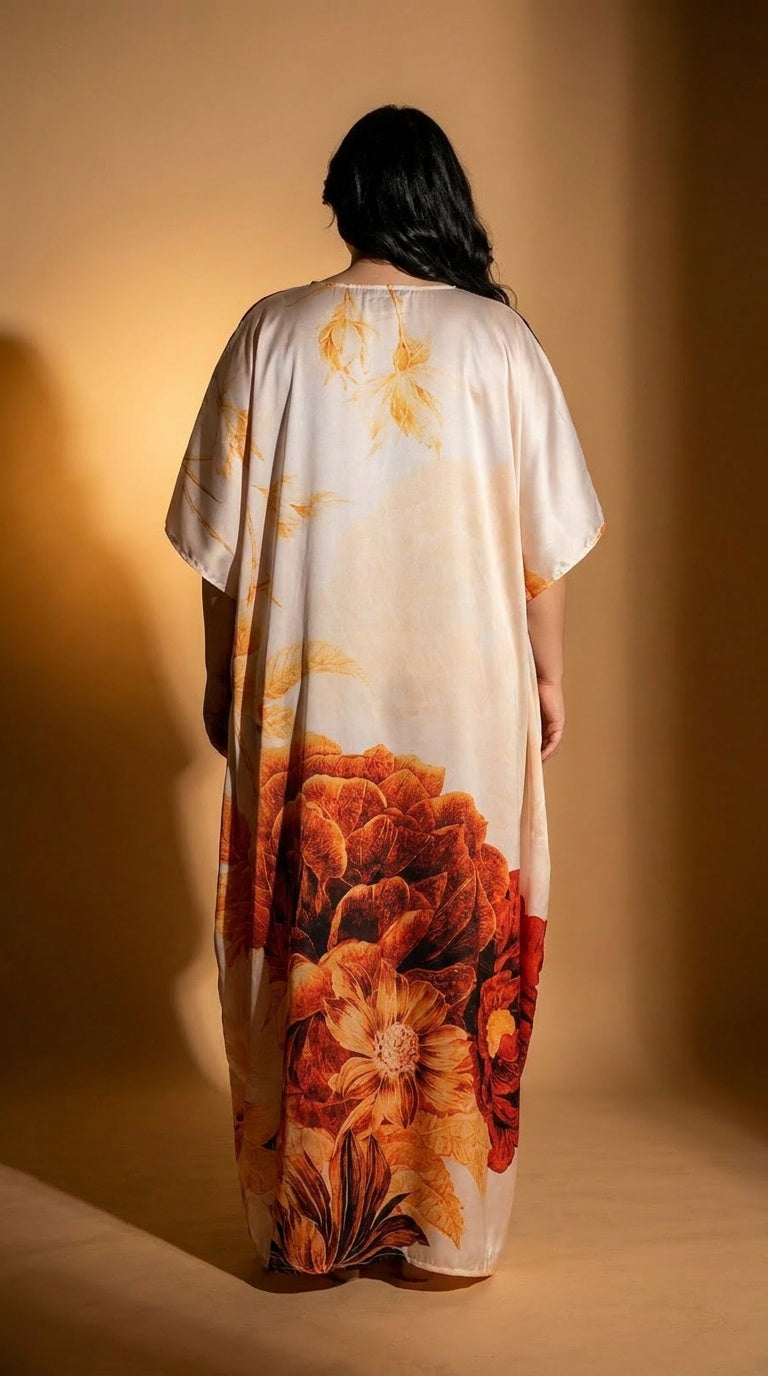 Cream Floral Print Satin Women Plus Size Kaftan Leisure Dress 1X-3X