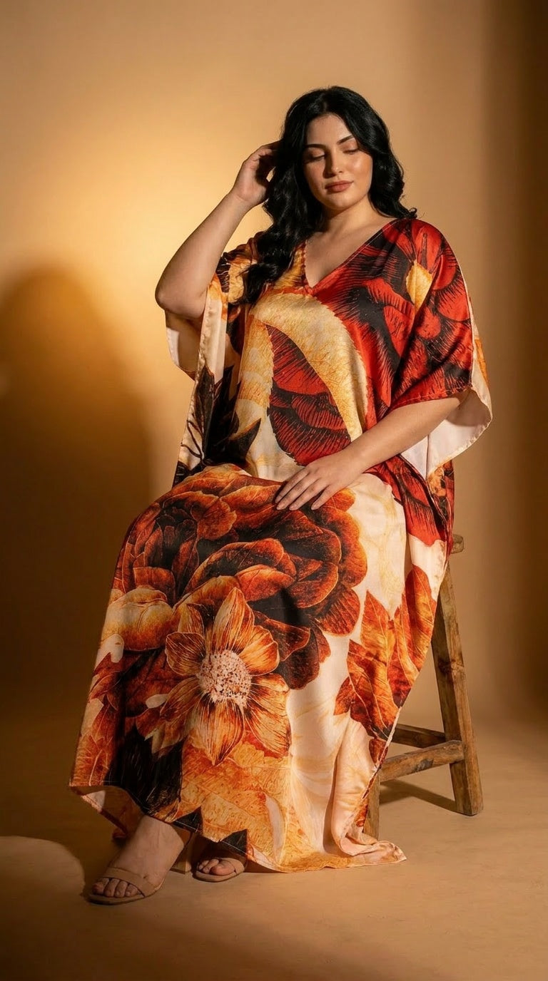 Cream Floral Print Satin Women Plus Size Kaftan Leisure Dress 1X-3X