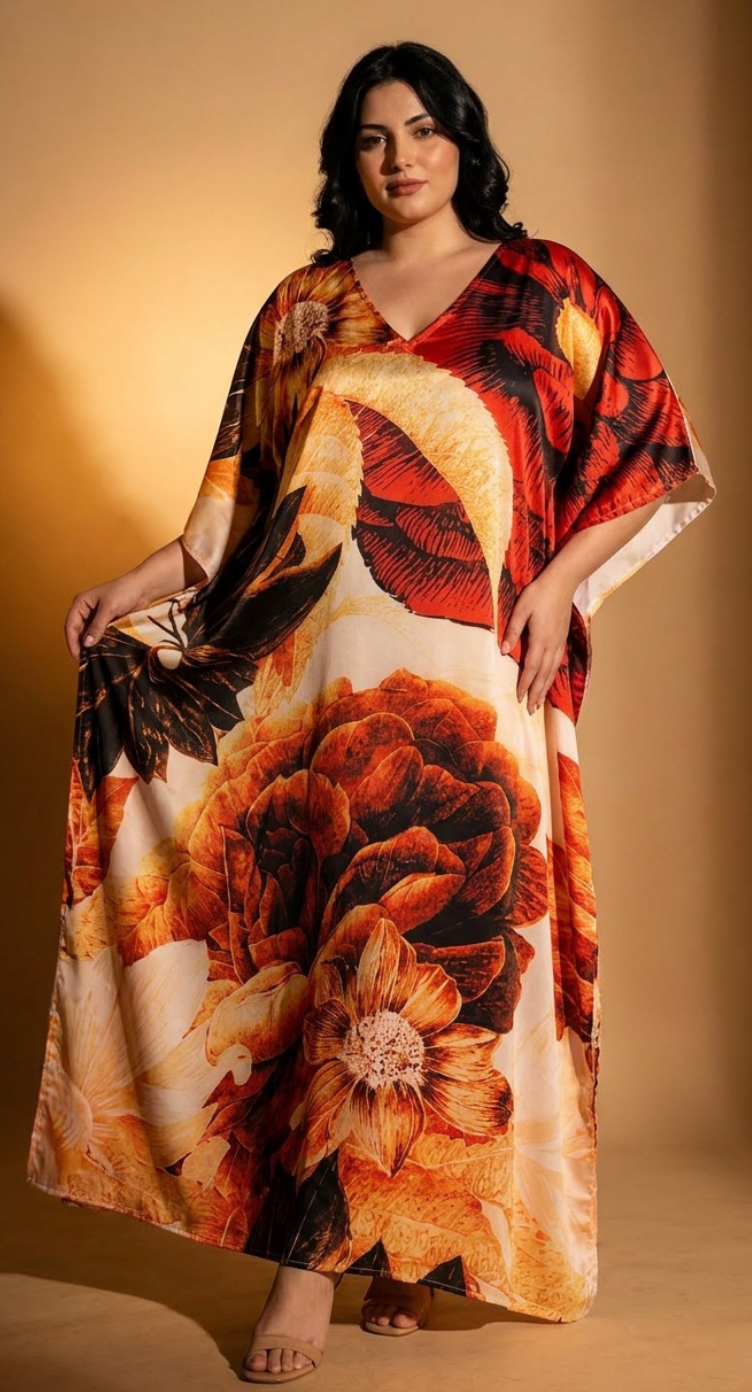 Cream Floral Print Satin Women Plus Size Kaftan Leisure Dress 1X-3X