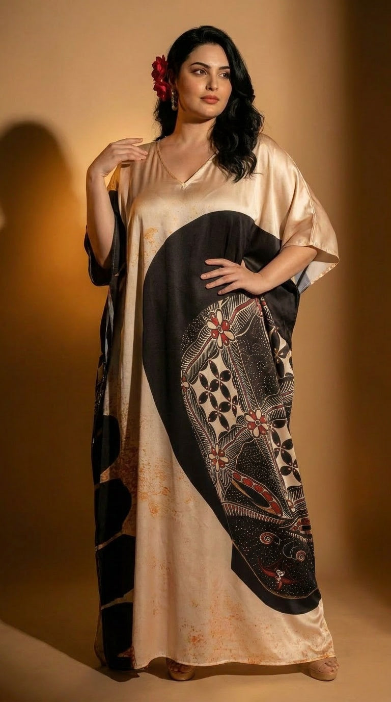 Beige Abstract Print Satin Women Plus Size Kaftan Casual Dress 1X-3X