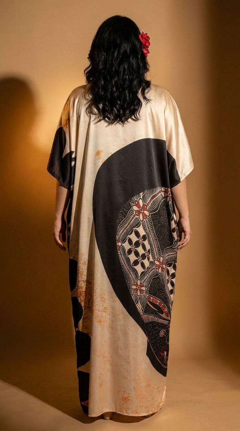 Beige Abstract Print Satin Women Plus Size Kaftan Casual Dress 1X-3X