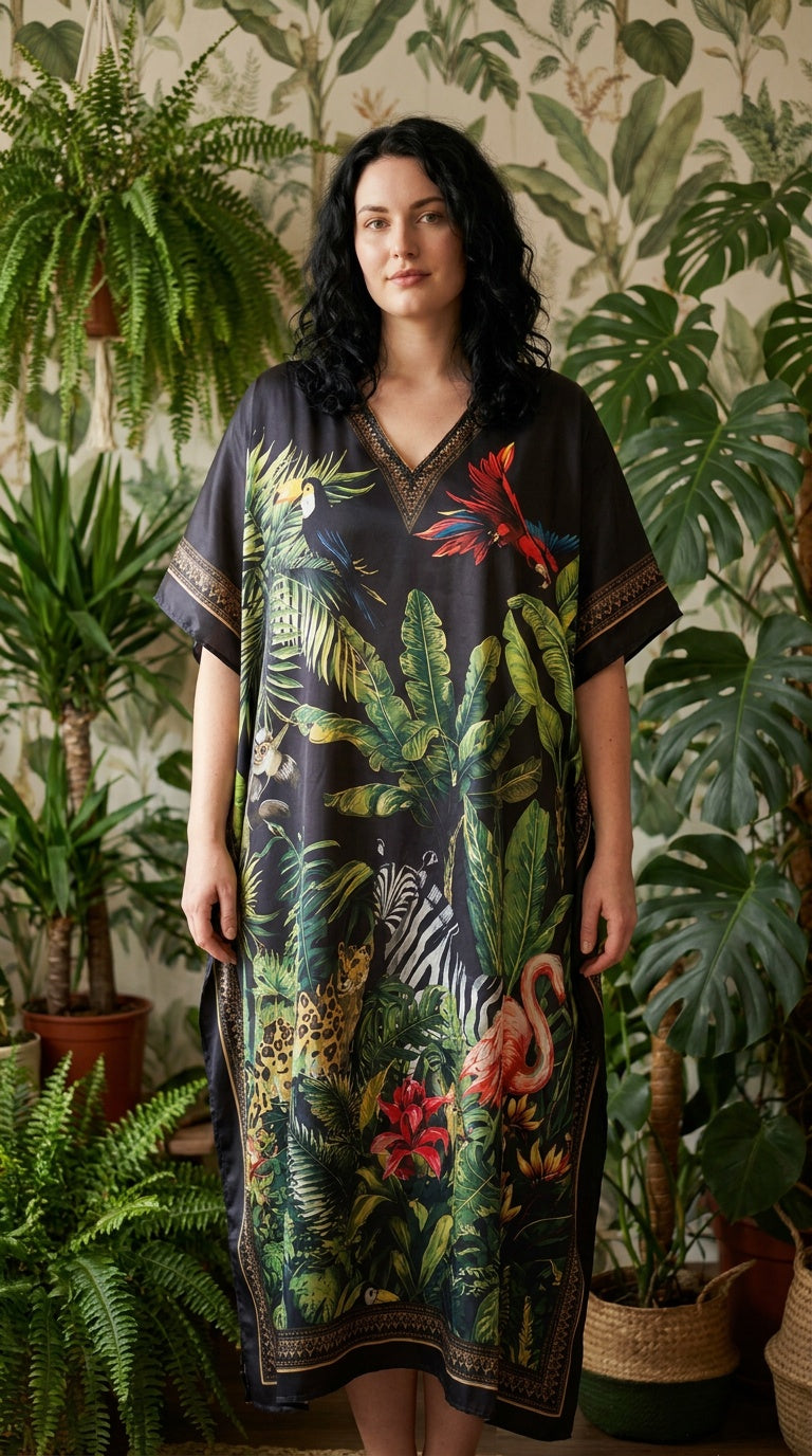 Black Tropical Print Satin Women Plus Size Kaftan Summer Dress 1X-3X - Gypsie Blu