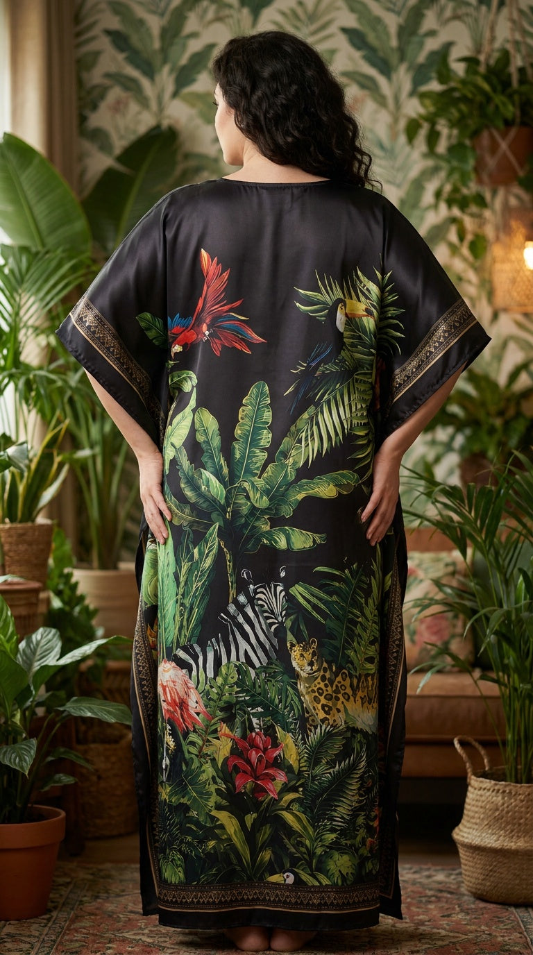 Black Tropical Print Satin Women Plus Size Kaftan Summer Dress 1X-3X