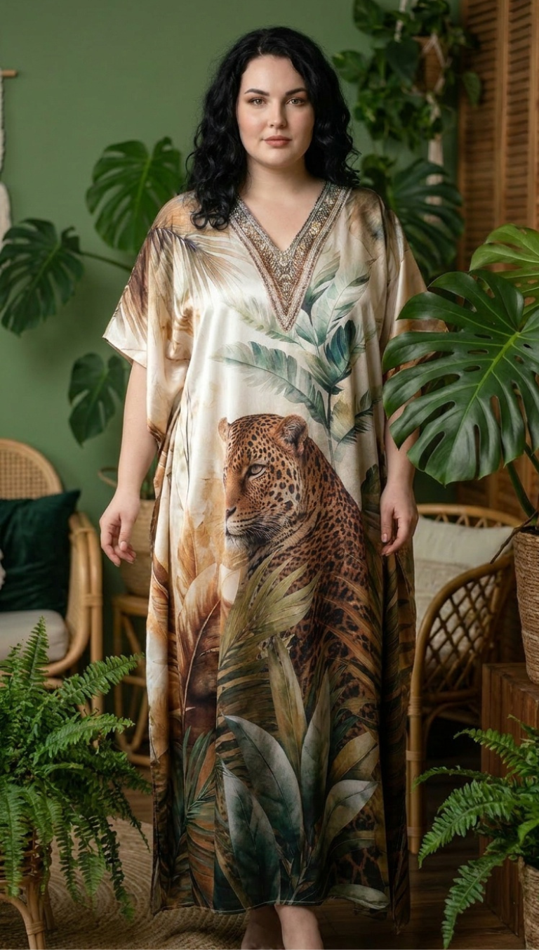 Ivory Cream Leopard Print Satin Women Plus Size Kaftan Casual Dress 1X-3X