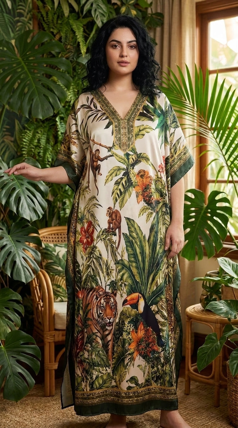 Cream Tropical Print Satin Women Plus Size Kaftan Summer Dress 1X-3X - Gypsie Blu
