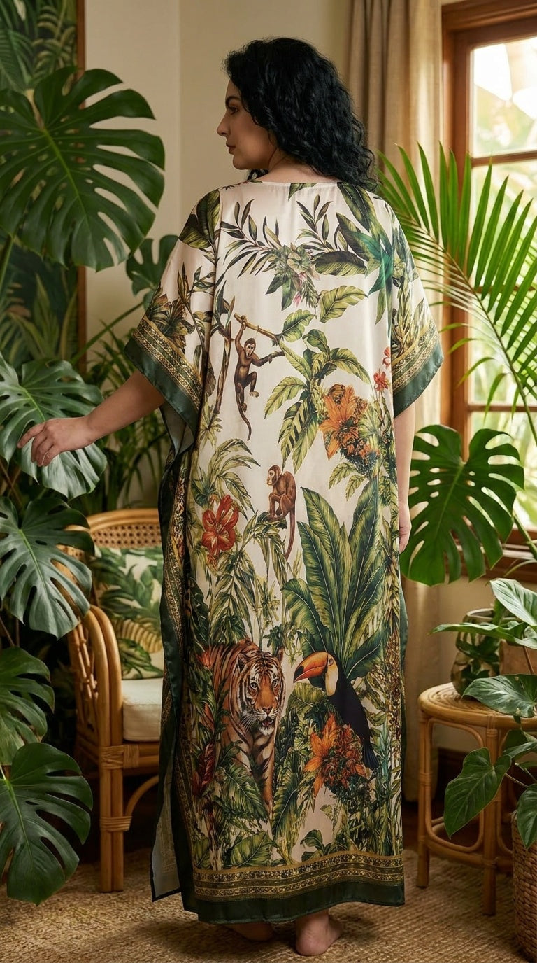 Cream Tropical Print Satin Women Plus Size Kaftan Summer Dress 1X-3X