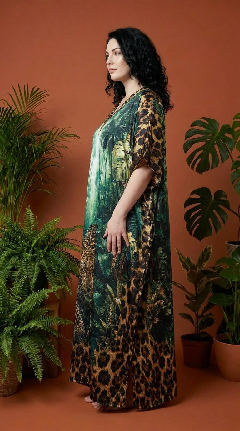 Green Leopard Print Satin Women Plus Size Kaftan Beach Dress 1X-3X - Gypsie Blu