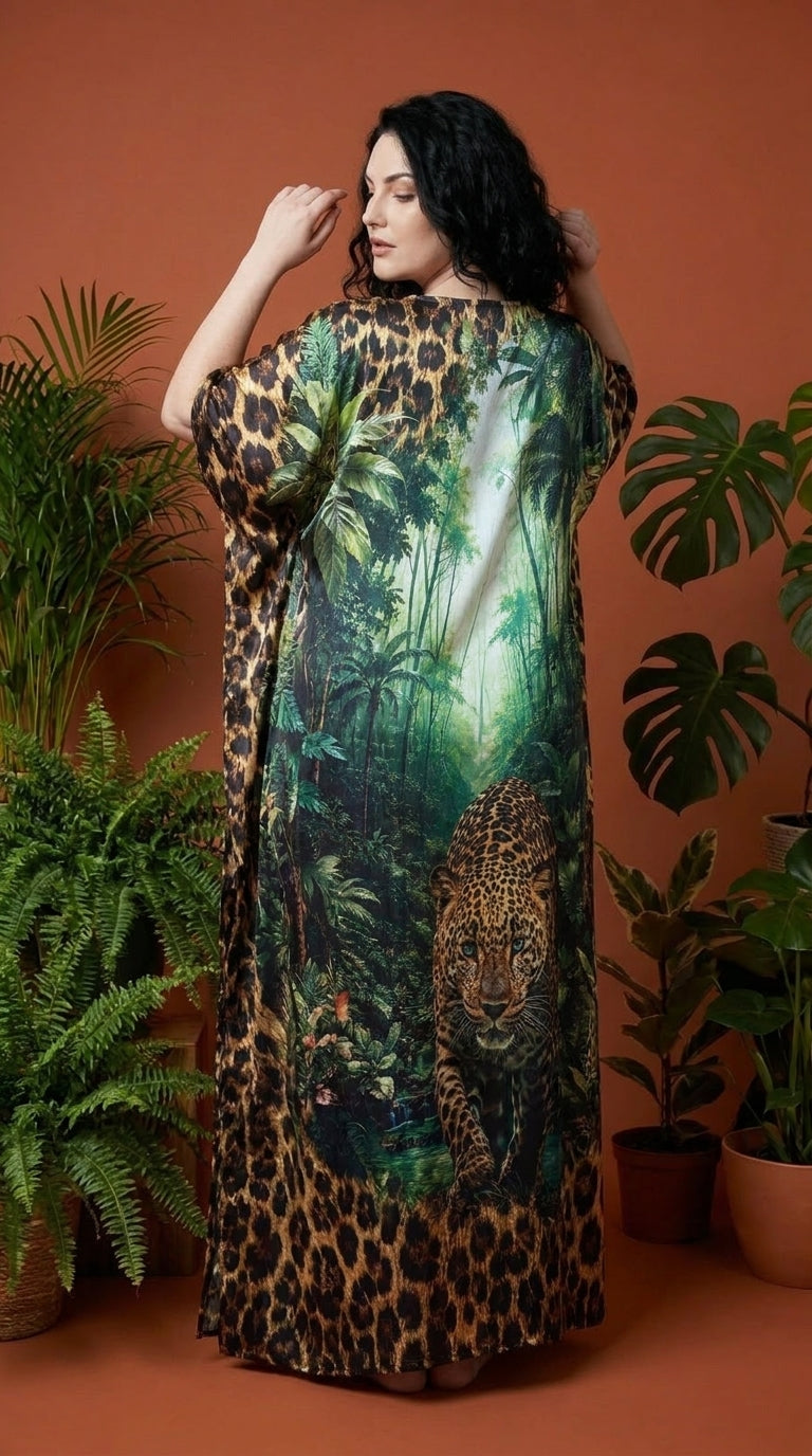 Green Leopard Print Satin Women Plus Size Kaftan Maxi Dress 1X-3X