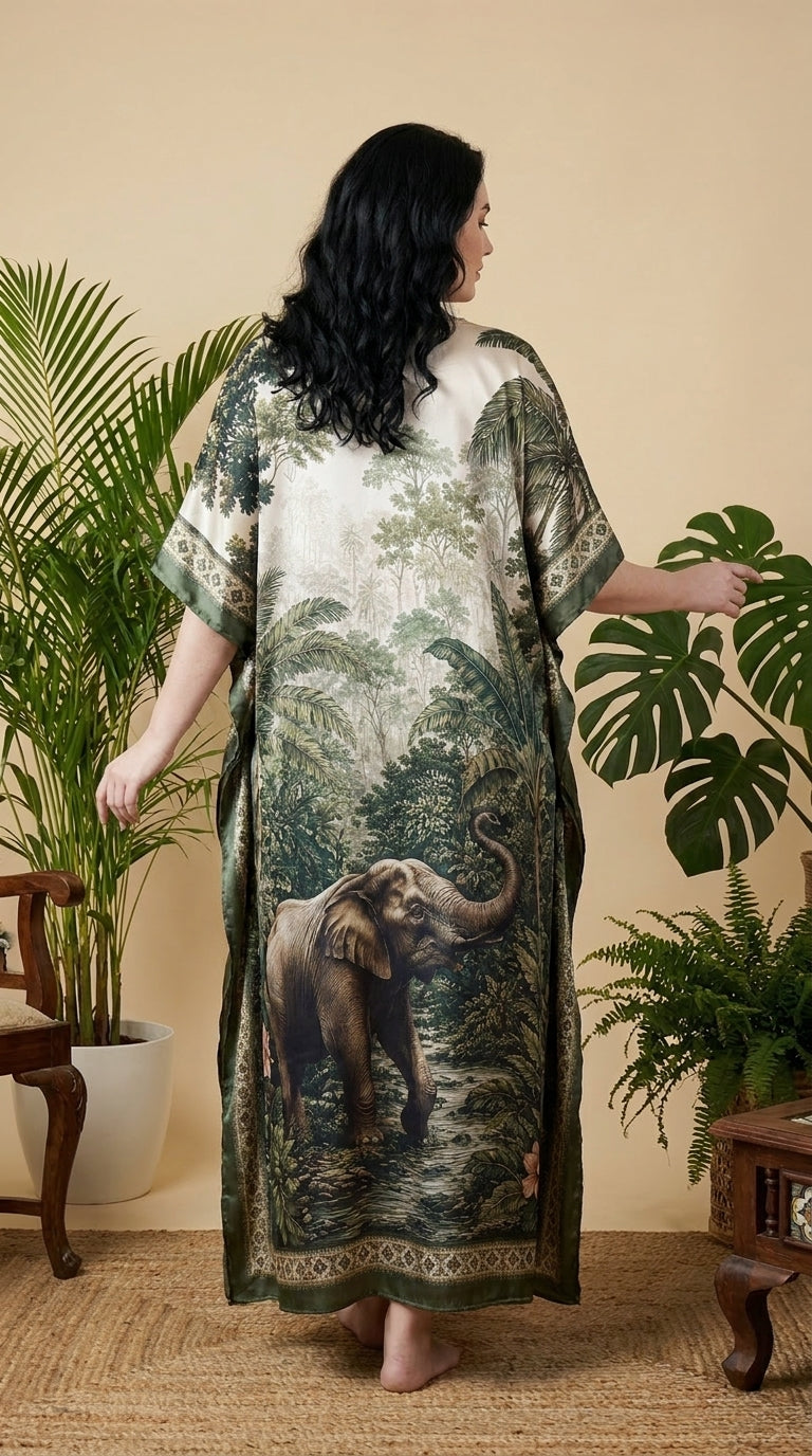 Ivory Cream Animal Print Satin Women Plus Size Kaftan Beach Dress 1X-3X