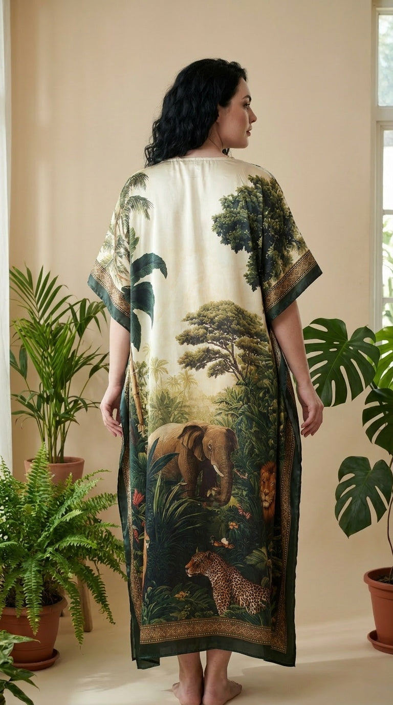 Ivory Cream Animal Print Satin Women Plus Size Kaftan Boho Dress 1X-3X