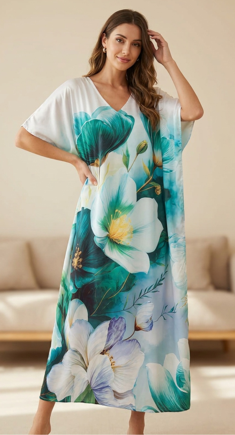 Blue Floral Satin Plus Size Kaftan for Women 1X-3X | GypsieBlu