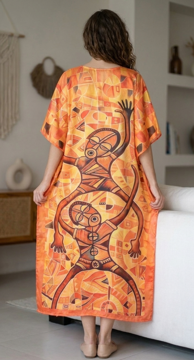 Bright Orange Tribal Satin Plus Size Kaftan for Women 1X-3X | GypsieBlu
