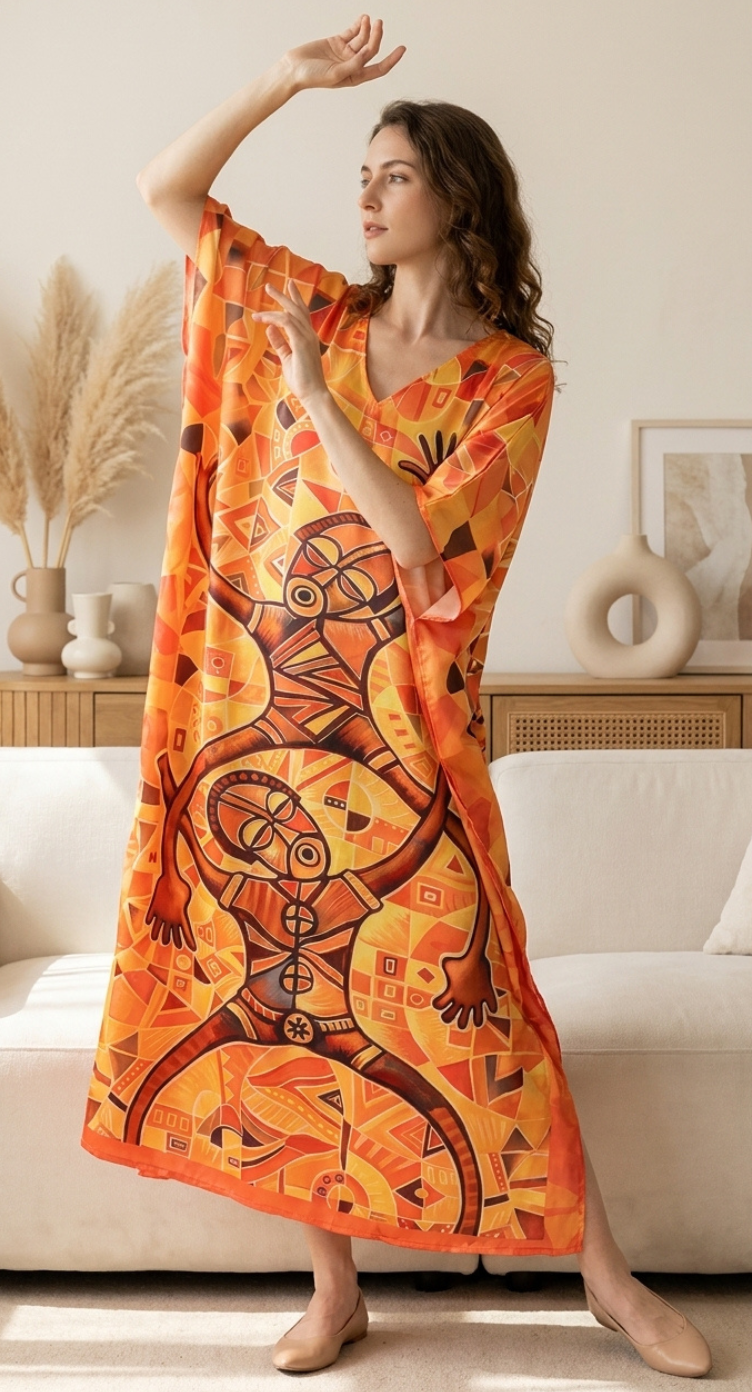 Bright Orange Tribal Satin Plus Size Kaftan for Women 1X-3X | GypsieBlu