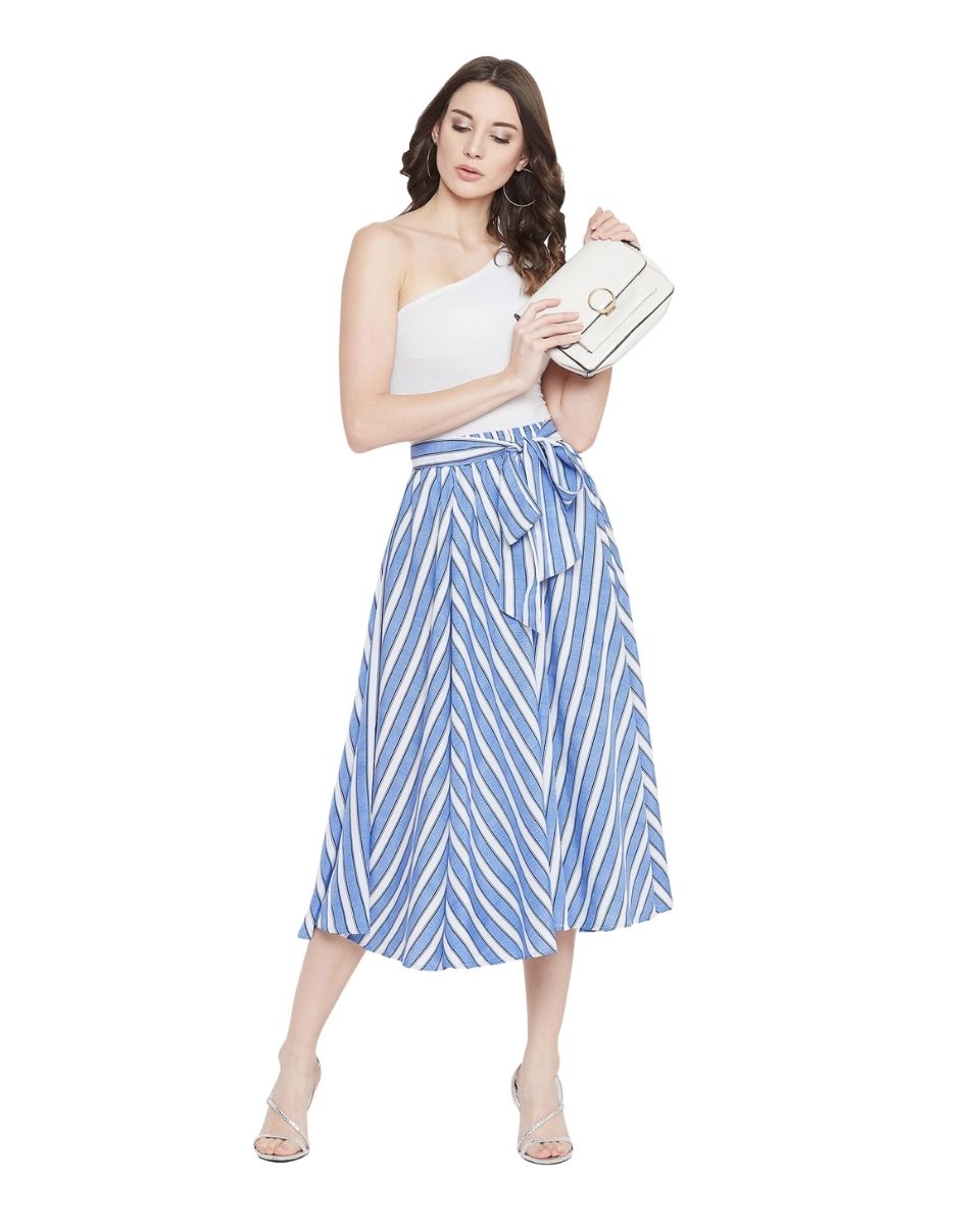 Stripe Printed Blue Rayon Skirt For Women