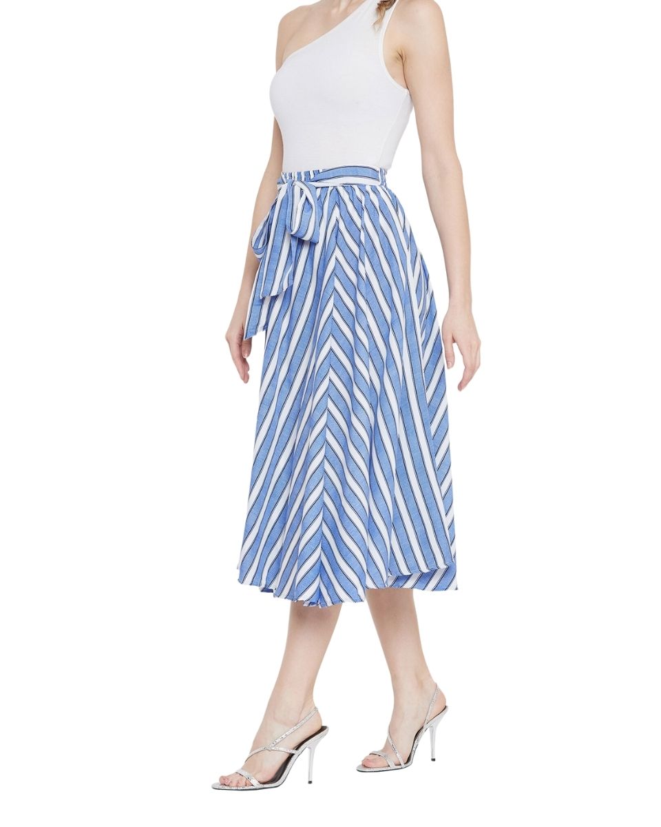 Stripe Printed Blue Rayon Skirt For Women