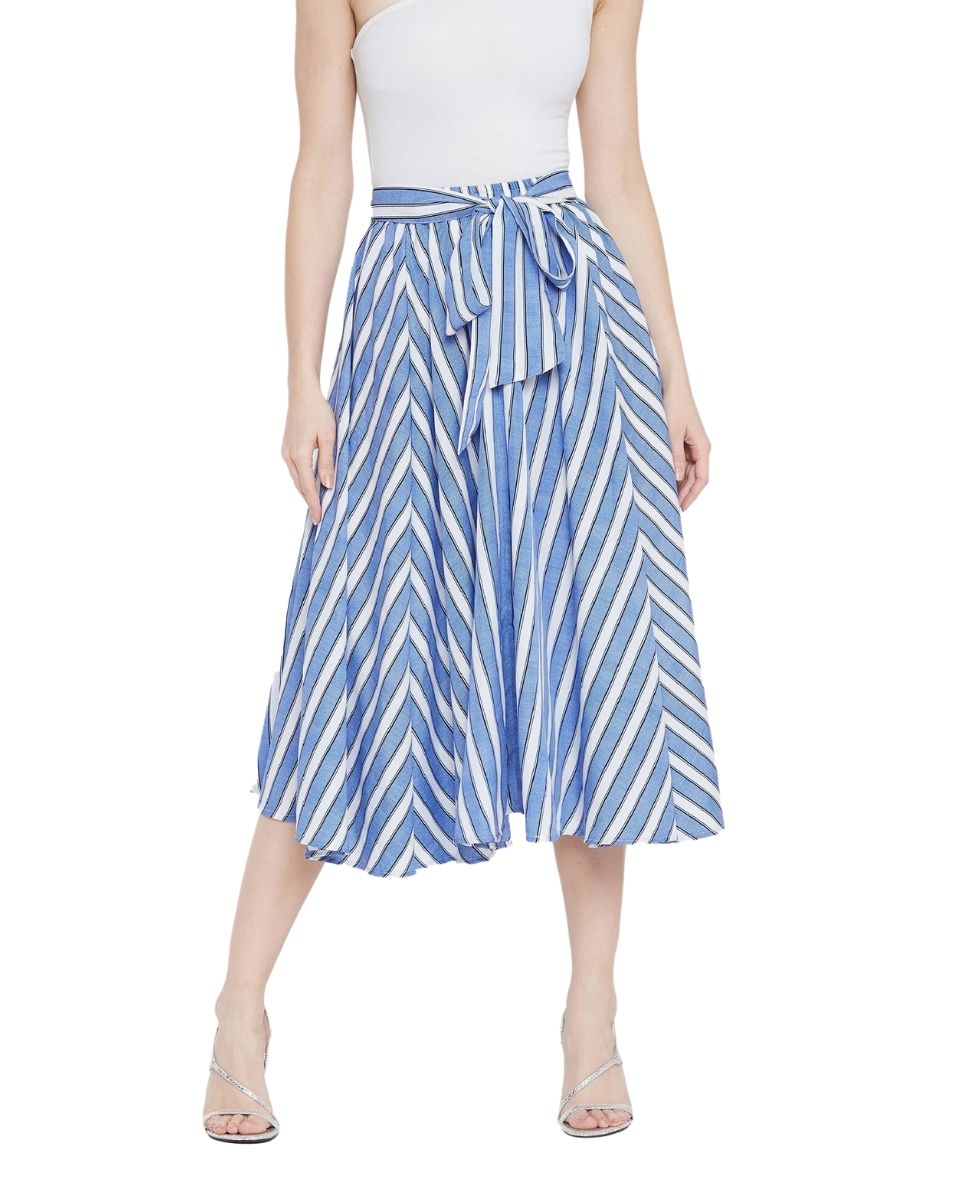 Stripe Printed Blue Rayon Skirt For Women