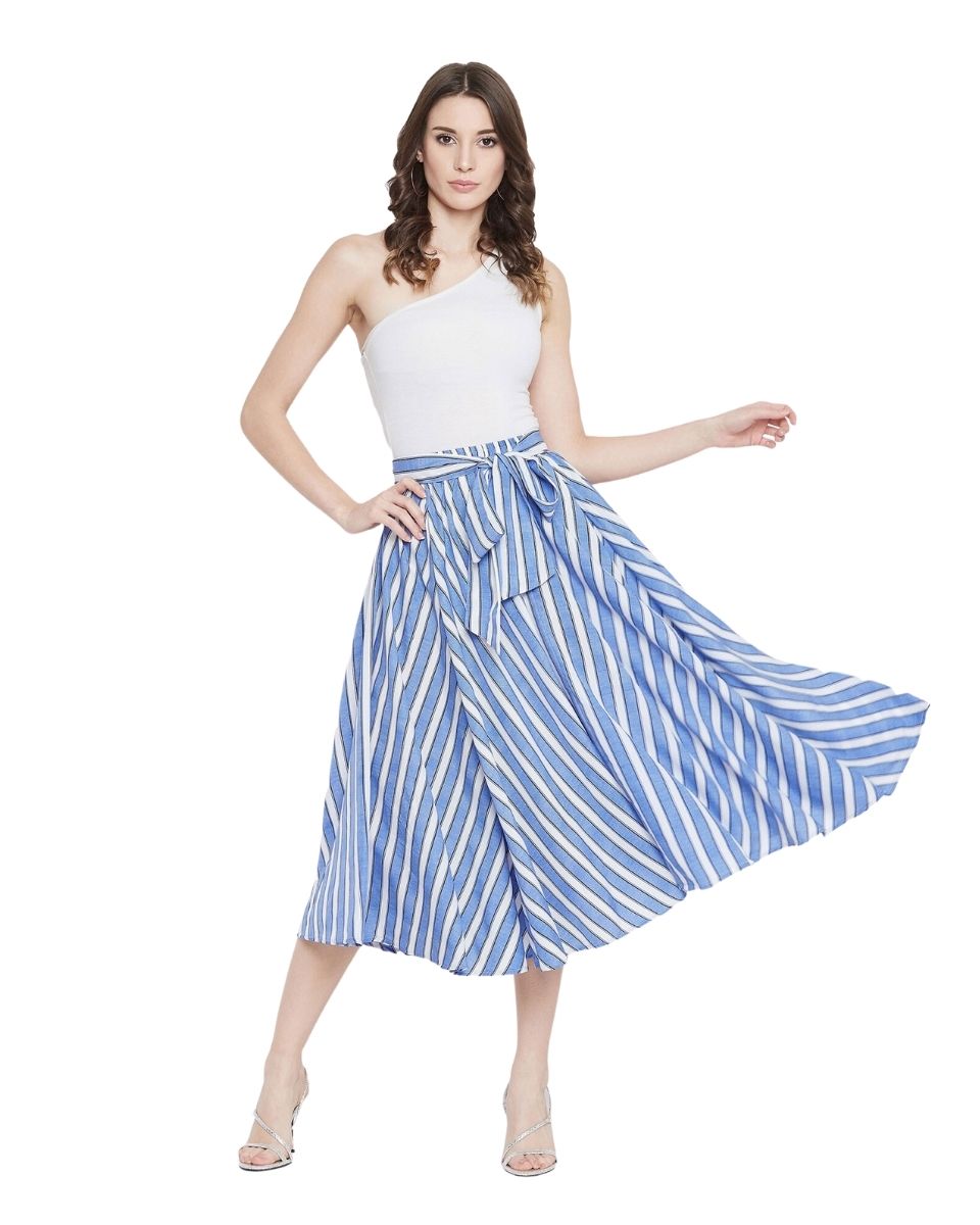 Stripe Printed Blue Rayon Skirt For Women
