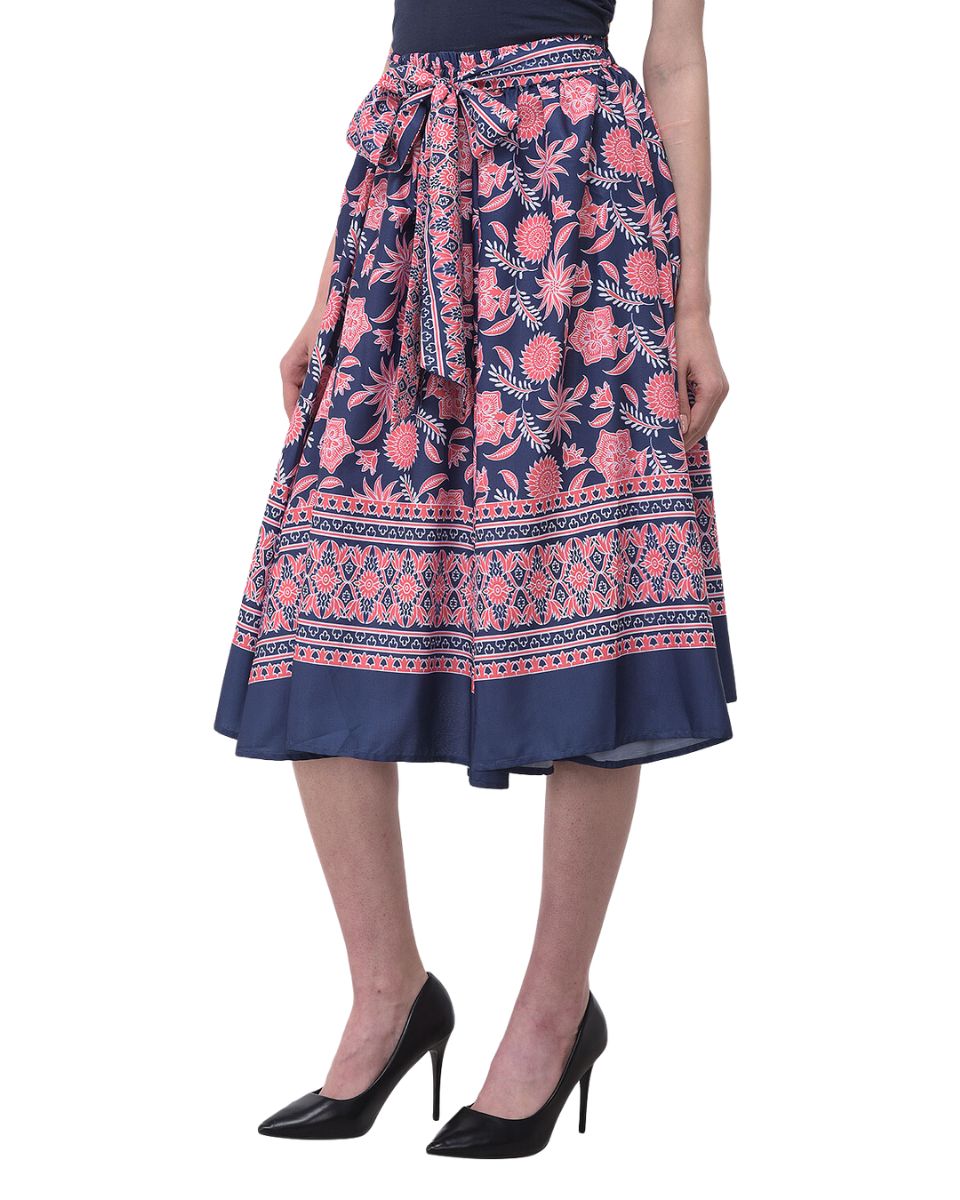 Navy Blue Floral Pattern Polyester Midi Skirt With Belt For Women