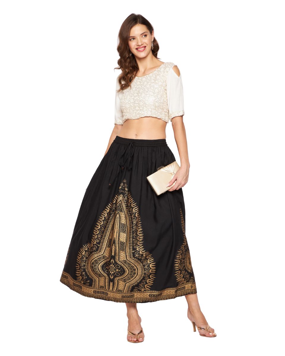 Gold Foil Dashiki Rayon Black Long Skirt For Women