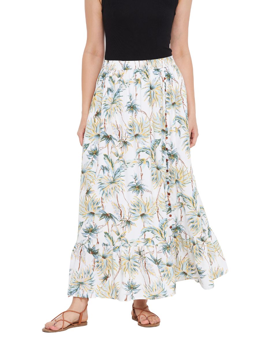 Floral Printed Off White Polyester Skirt For Women