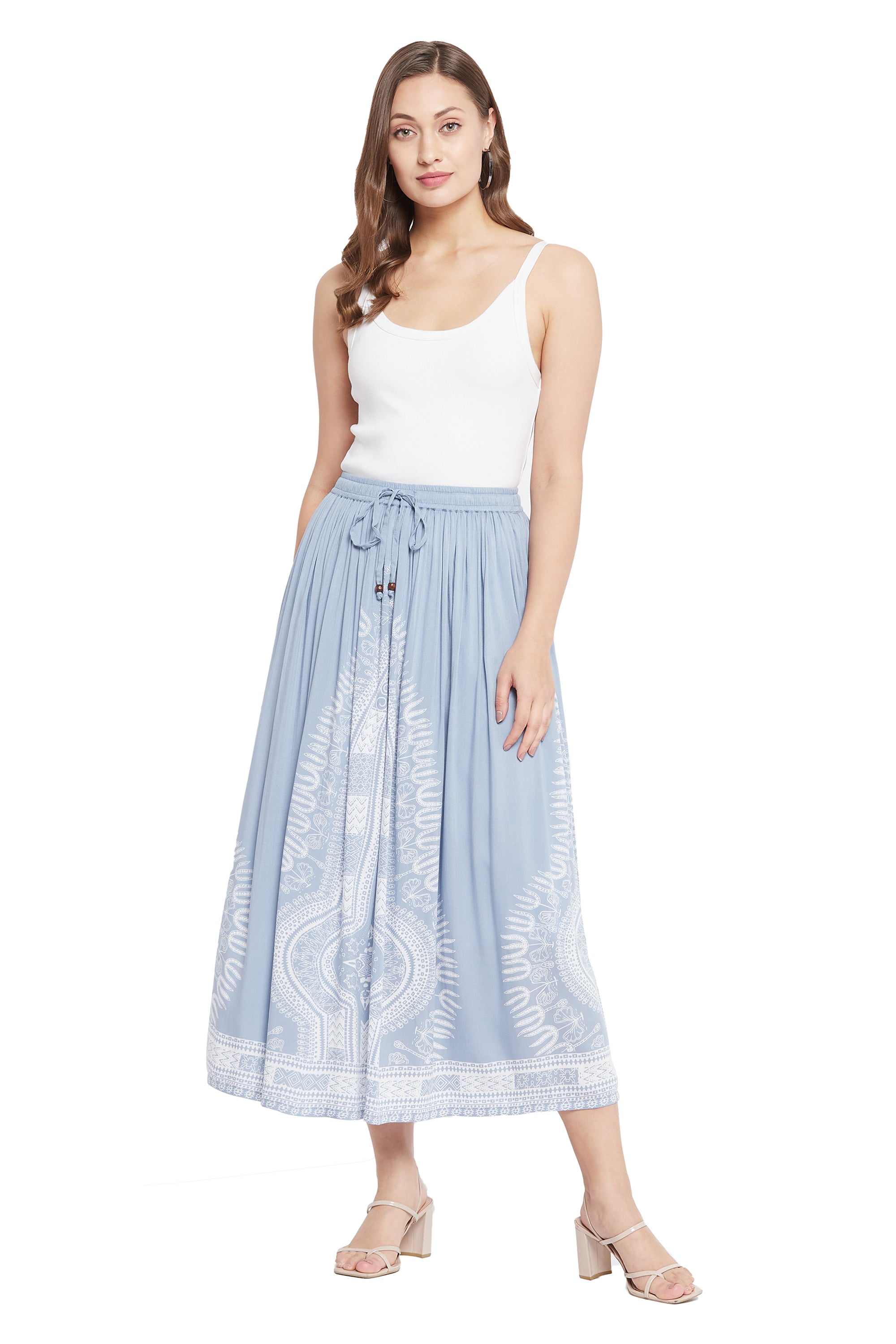 Gypsie Blu Light Grey High-Waisted Rayon Midi Skirt for Women