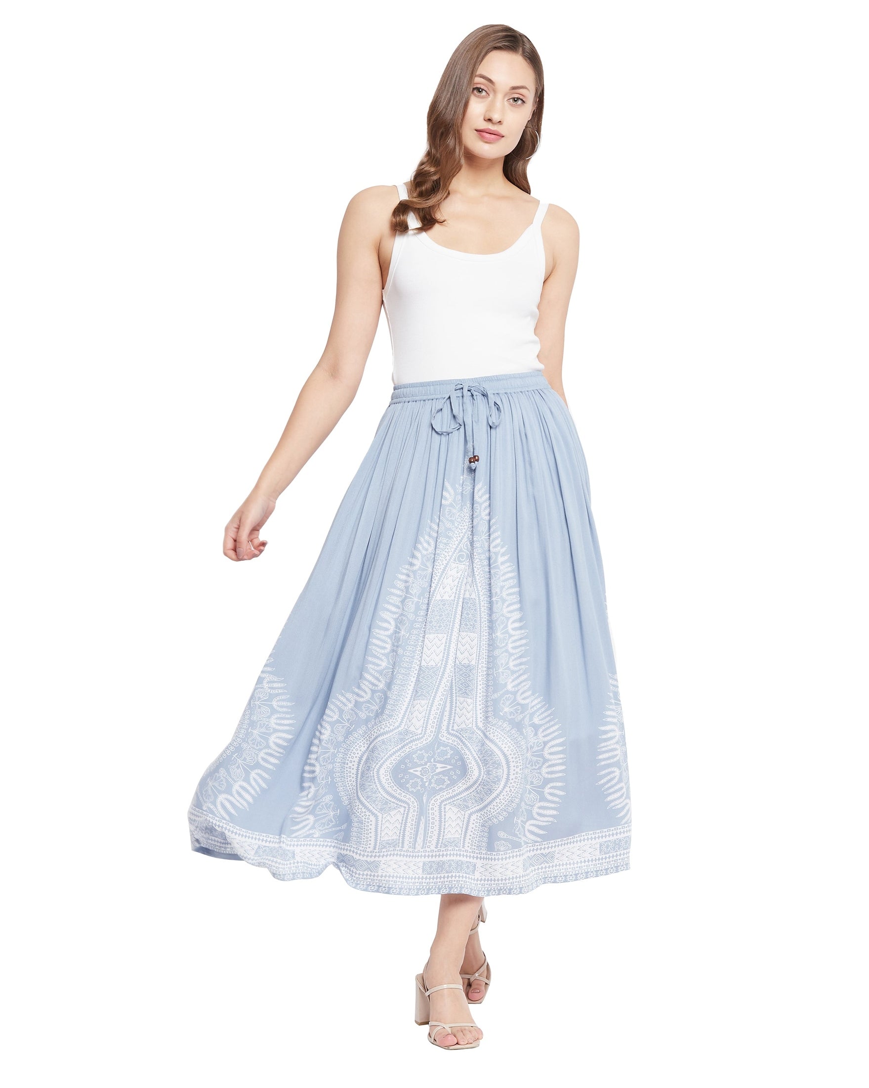 Gypsie Blu Light Grey High-Waisted Rayon Midi Skirt for Women