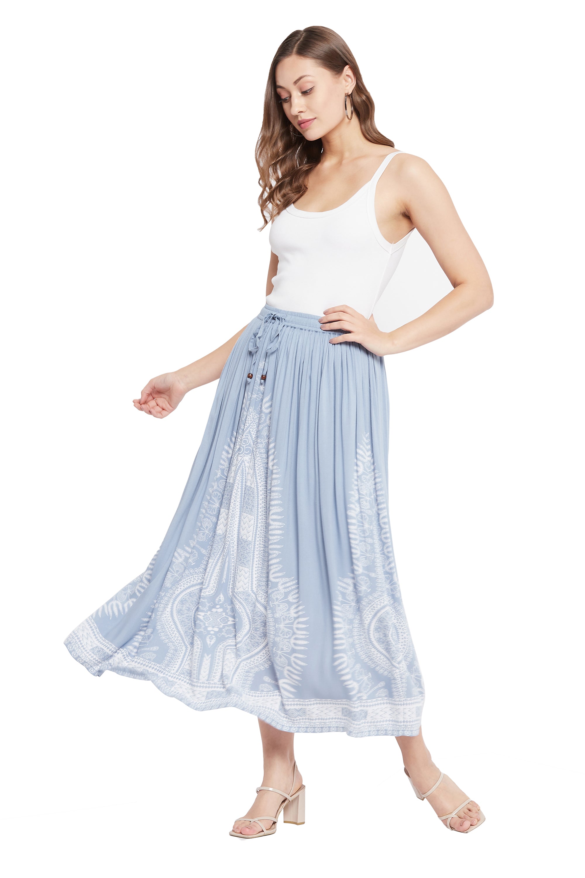 Gypsie Blu Light Grey High-Waisted Rayon Midi Skirt for Women