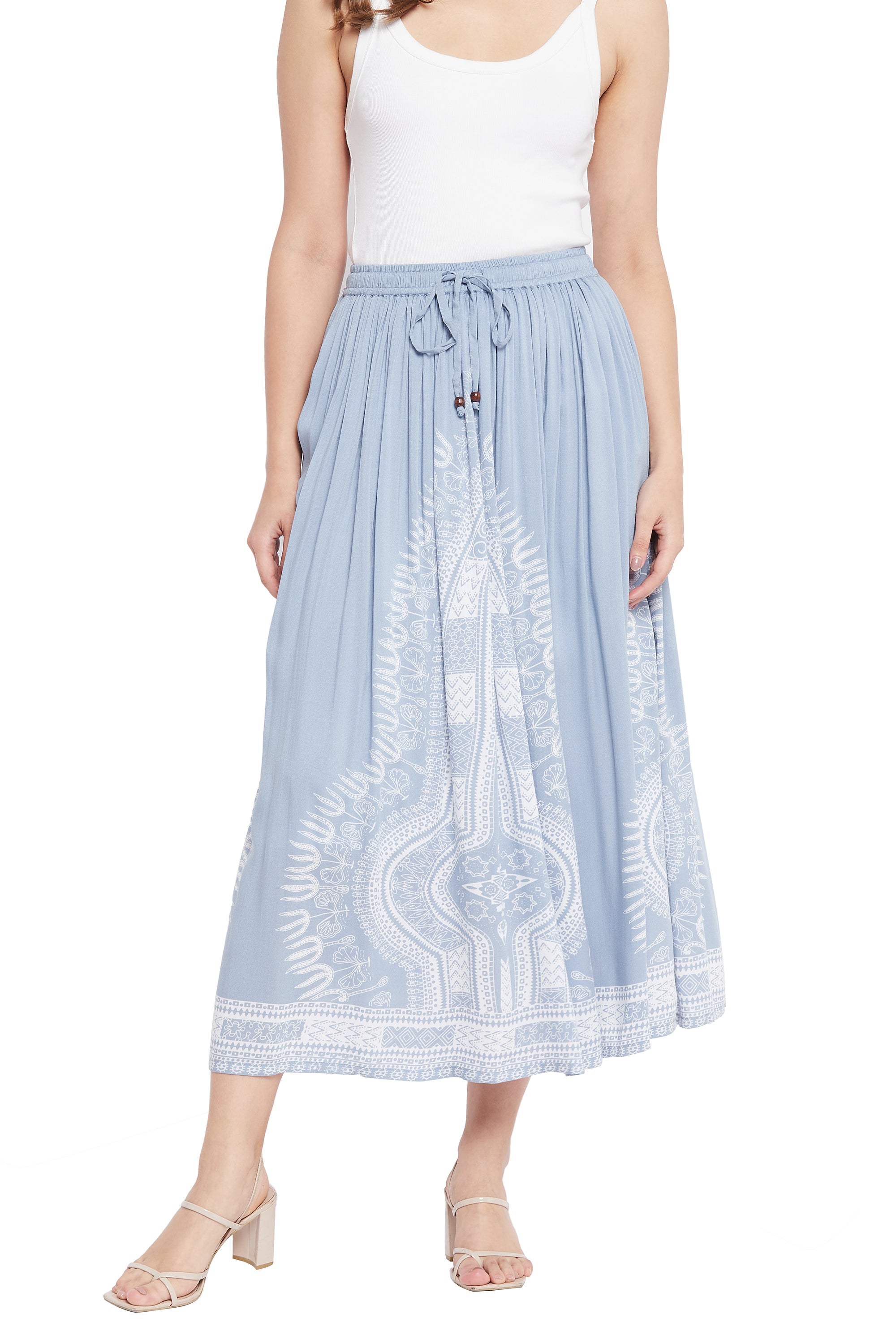 Gypsie Blu Light Grey High-Waisted Rayon Midi Skirt for Women