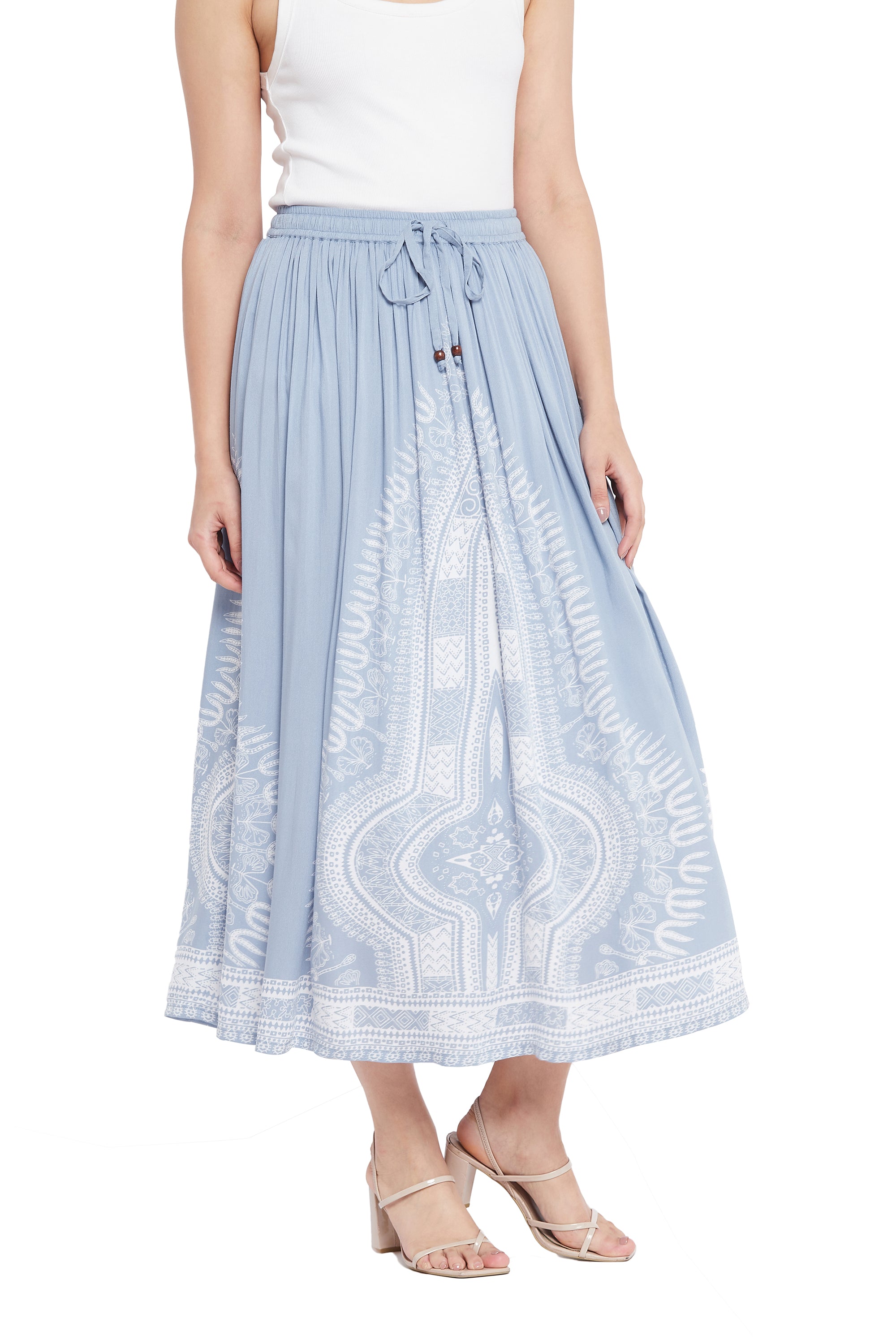 Gypsie Blu Light Grey High-Waisted Rayon Midi Skirt for Women