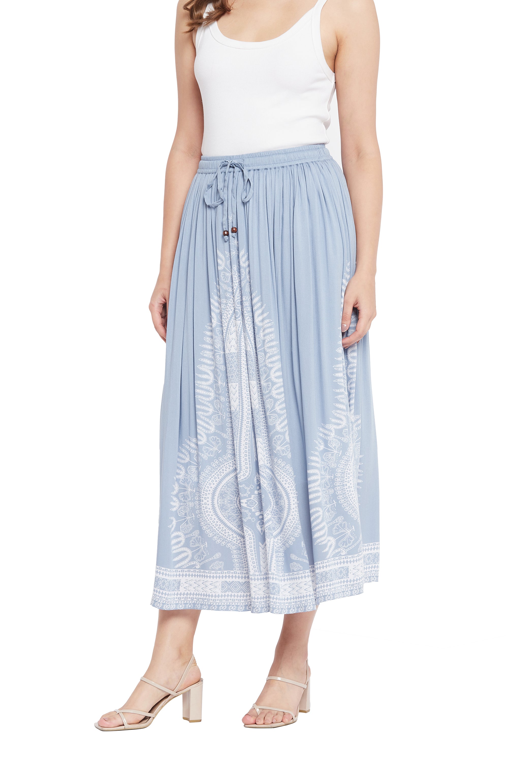 Gypsie Blu Light Grey High-Waisted Rayon Midi Skirt for Women