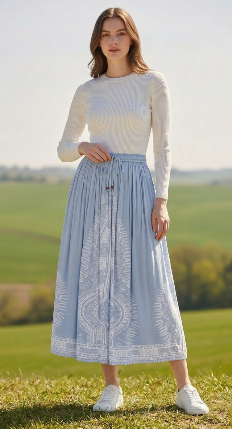 Women Rayon A-Line Elastic Casual High Waist Drawstring Midi Skirt