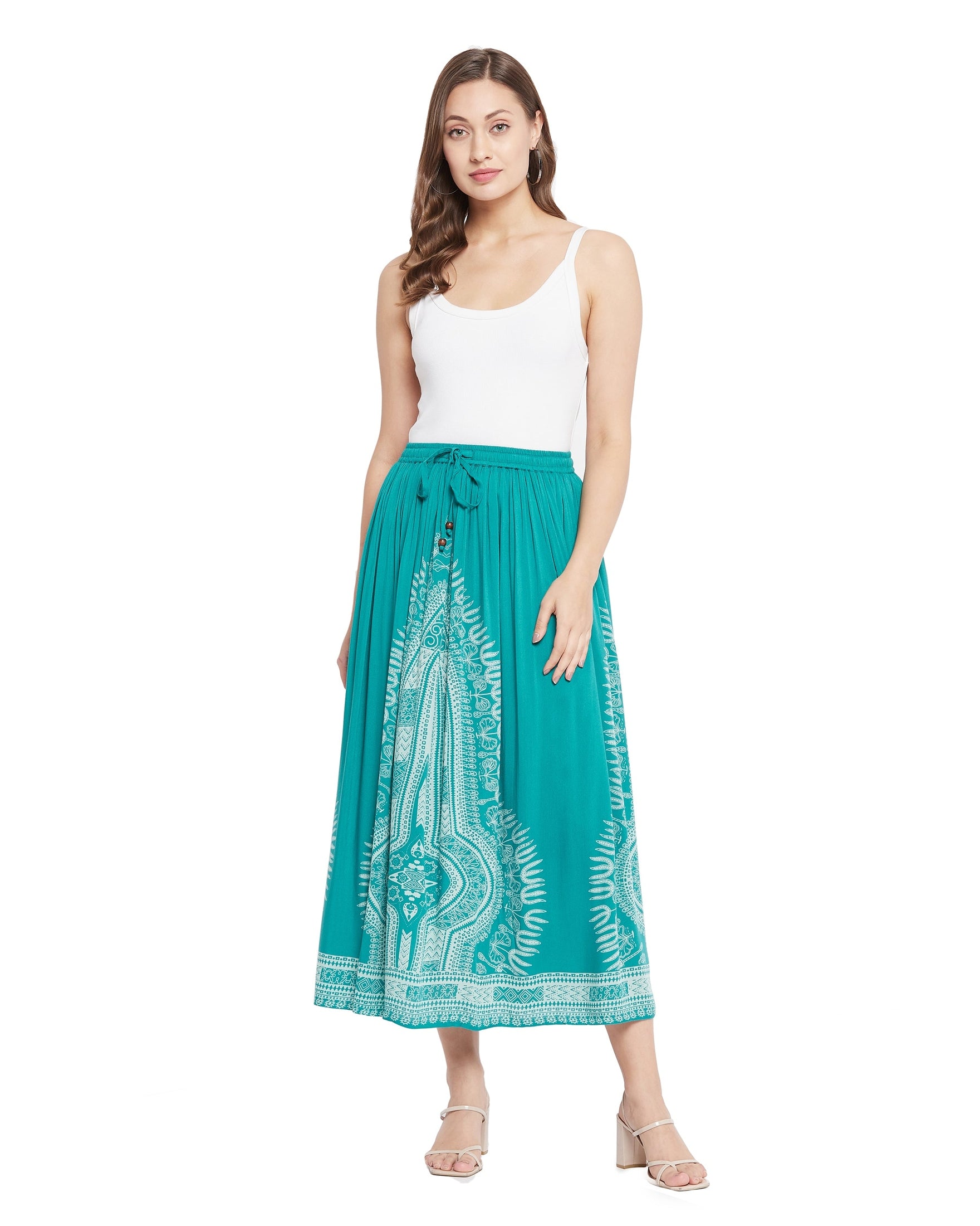 Women Rayon A-Line Elastic Casual High Waist Drawstring Midi Skirt