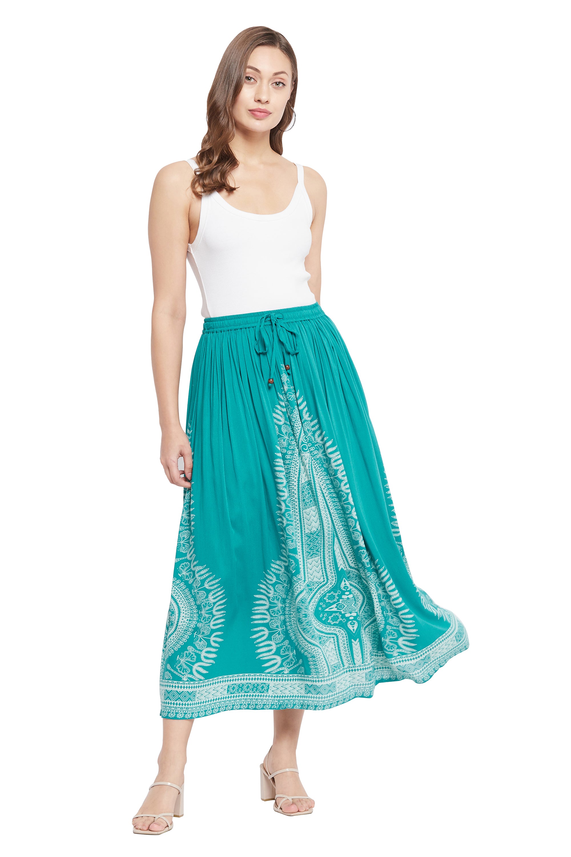 Gypsie Blu Rayon Teal A Line Elastic Waist Casual Midi Skirt for Women