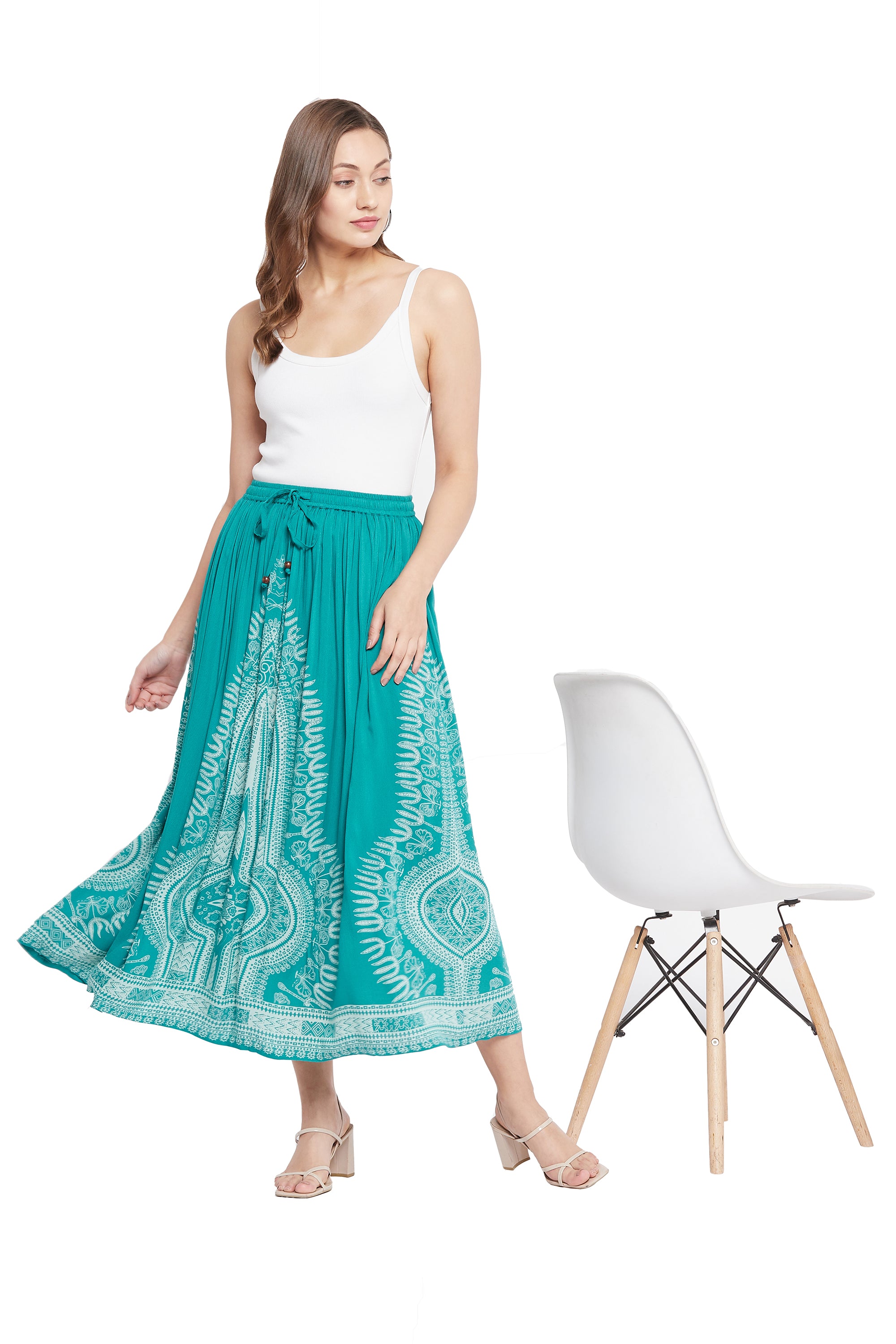 Gypsie Blu Rayon Teal A Line Elastic Waist Casual Midi Skirt for Women
