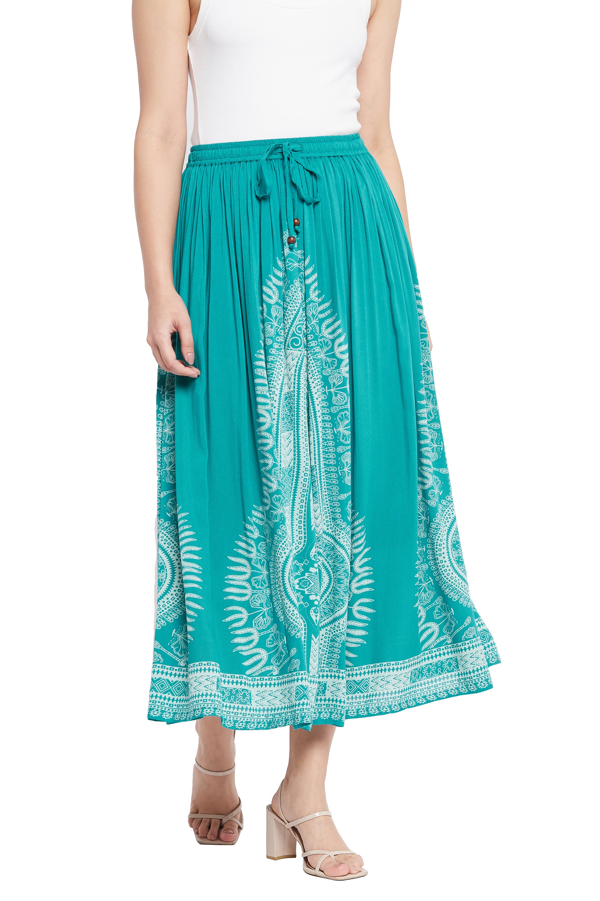 Gypsie Blu Rayon Teal A Line Elastic Waist Casual Midi Skirt for Women