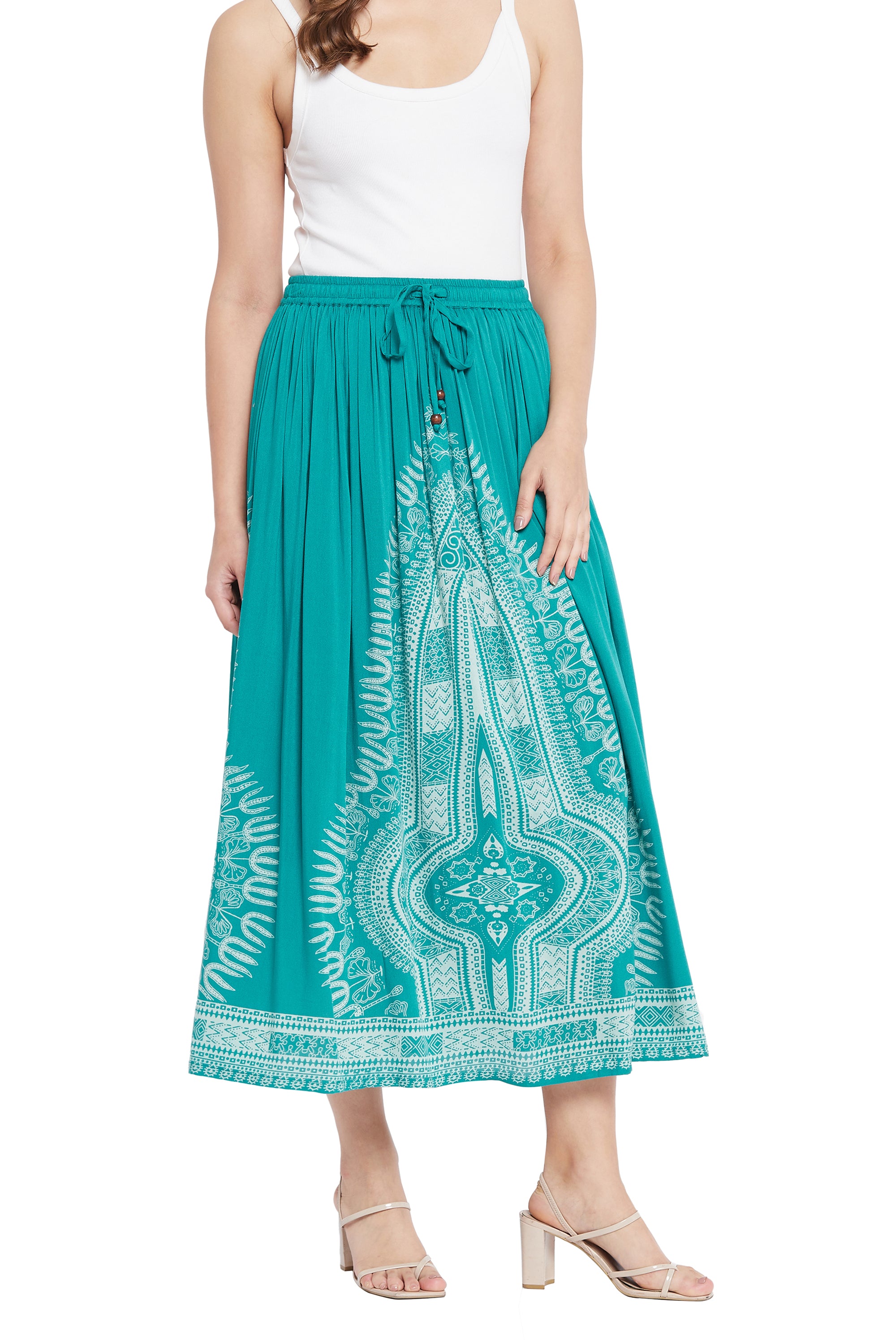 Gypsie Blu Rayon Teal A Line Elastic Waist Casual Midi Skirt for Women