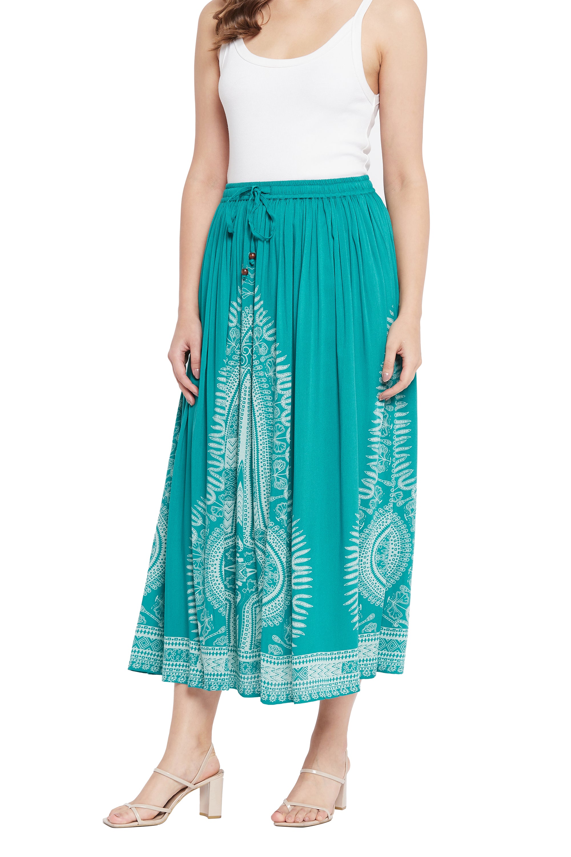 Gypsie Blu Rayon Teal A Line Elastic Waist Casual Midi Skirt for Women