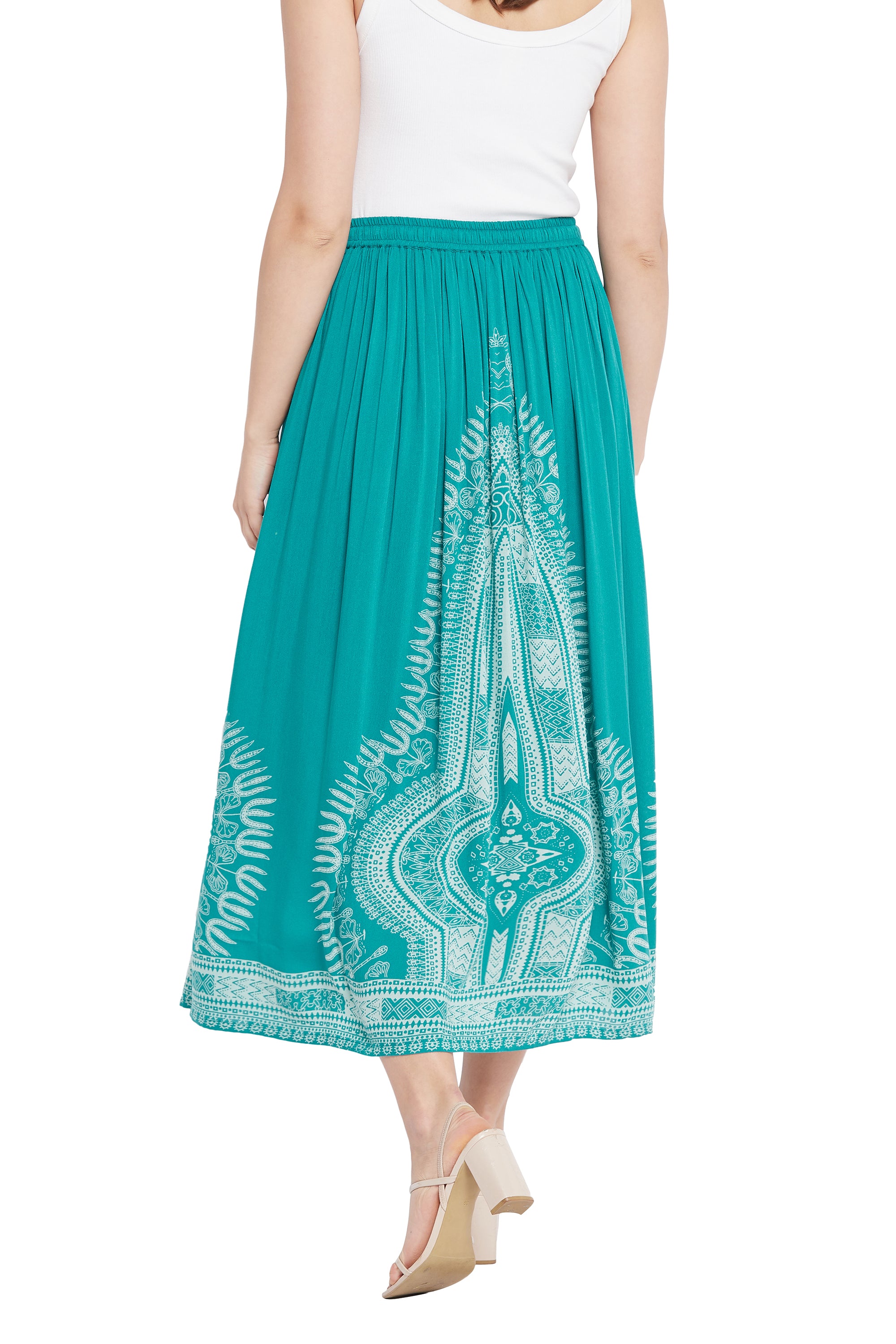 Gypsie Blu Rayon Teal A Line Elastic Waist Casual Midi Skirt for Women