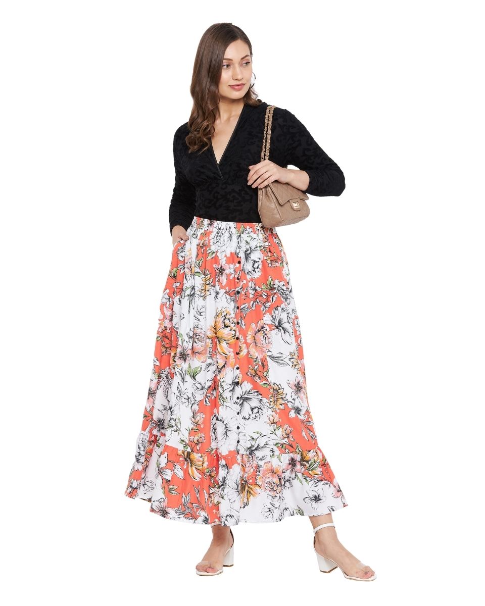 Floral Printed Multicolor Polyester Skirt For Women