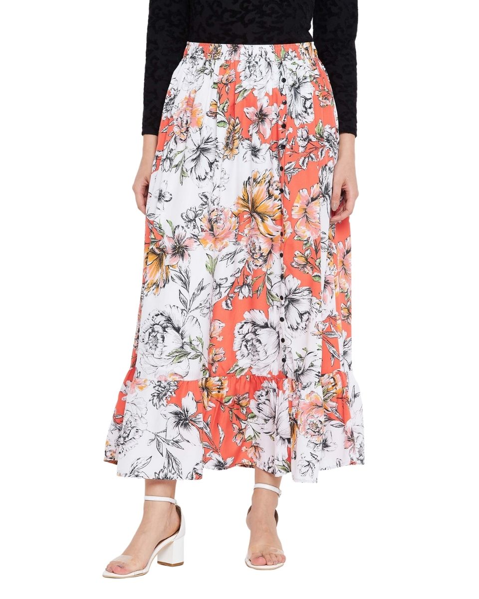 Floral Printed Multicolor Polyester Skirt For Women