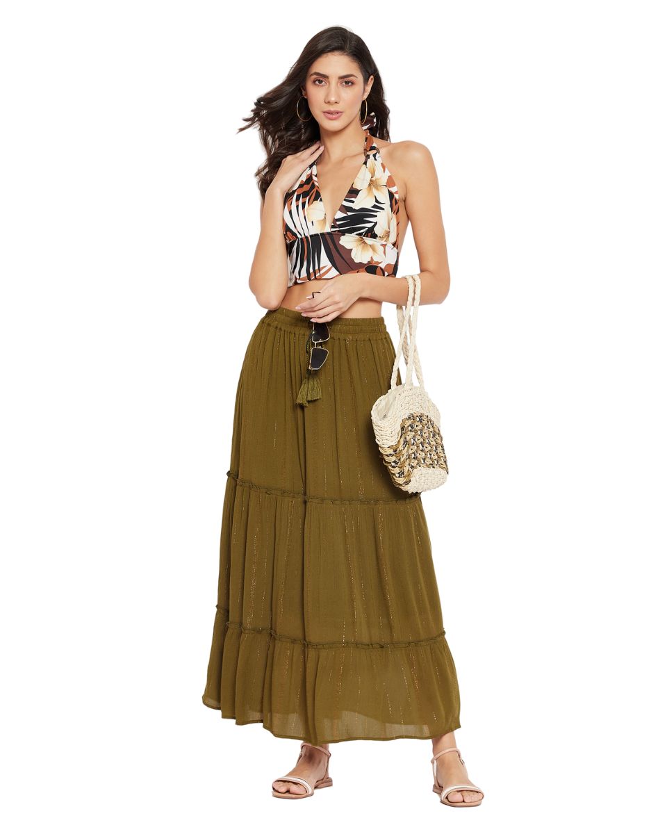 Olive Solid Lurex Rayon Skirt For Women